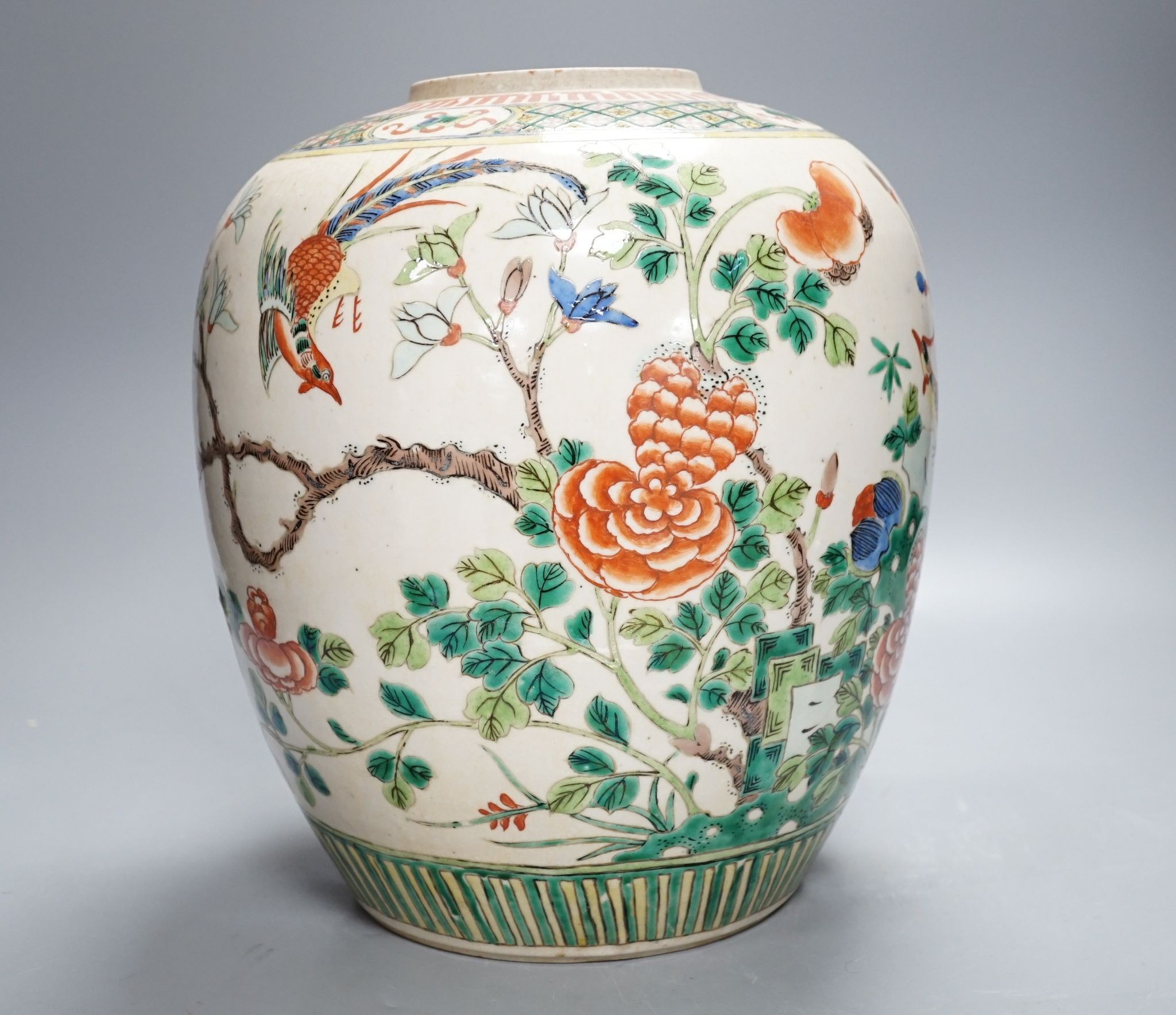 An early 20th century Chinese famille verte crackle glaze jar, 30cm